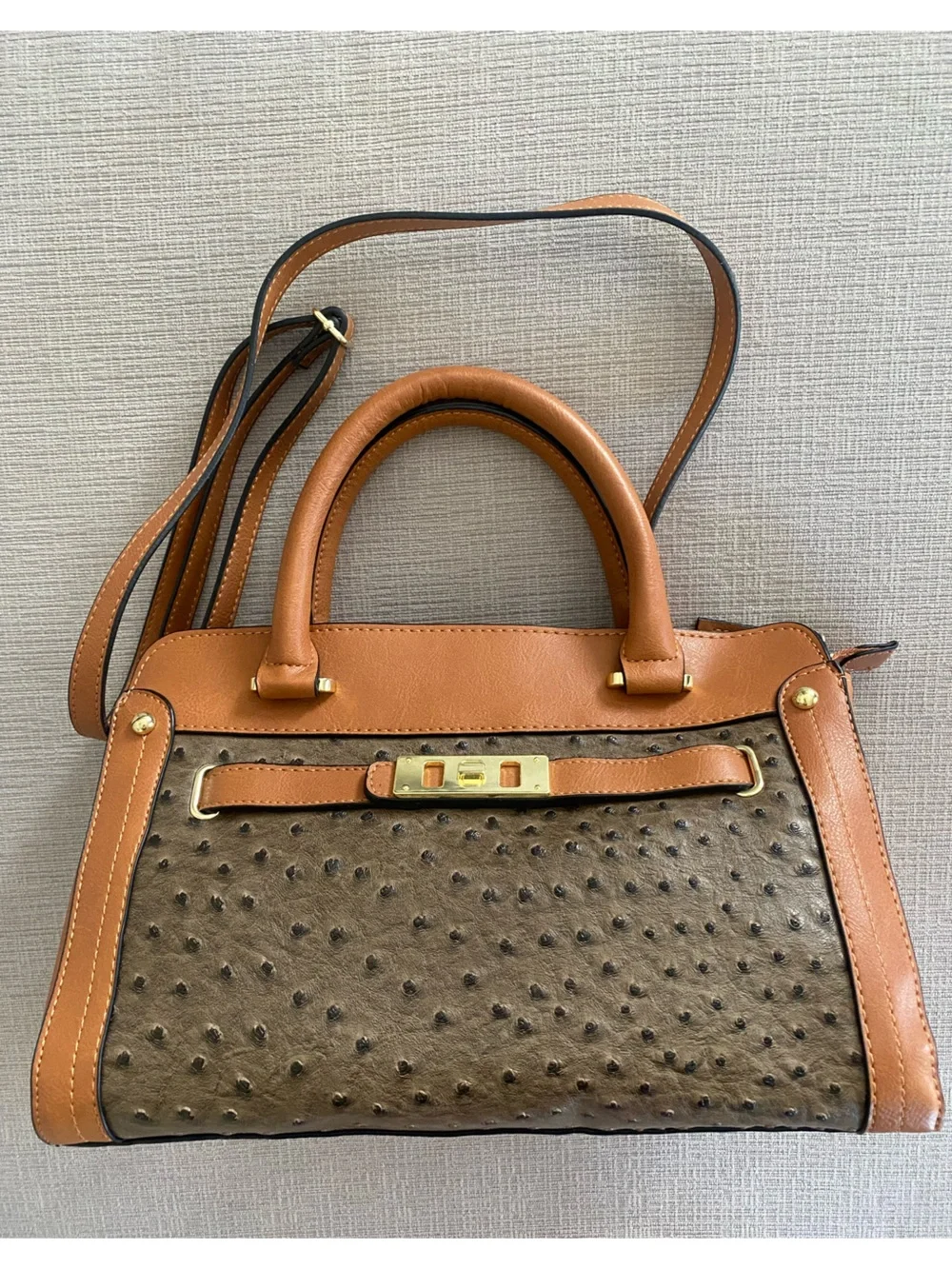 Structured Two-Tone Ostrich-Texture Satchel in Brown and Tan